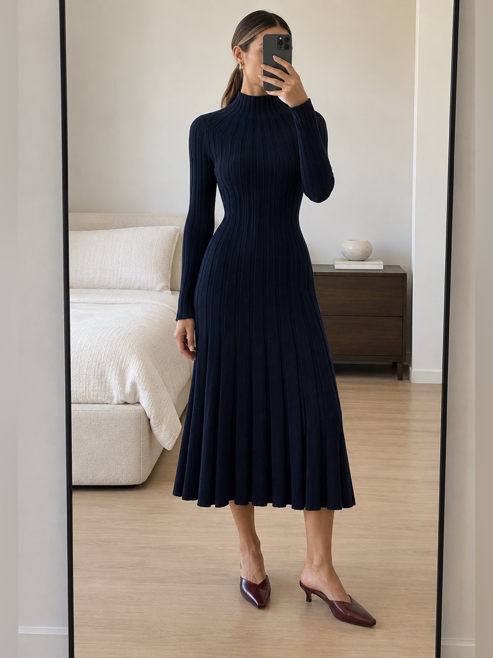 Banana Republic Ribbed Mock Neck Midi Sweater Dress Navy Blue XS
